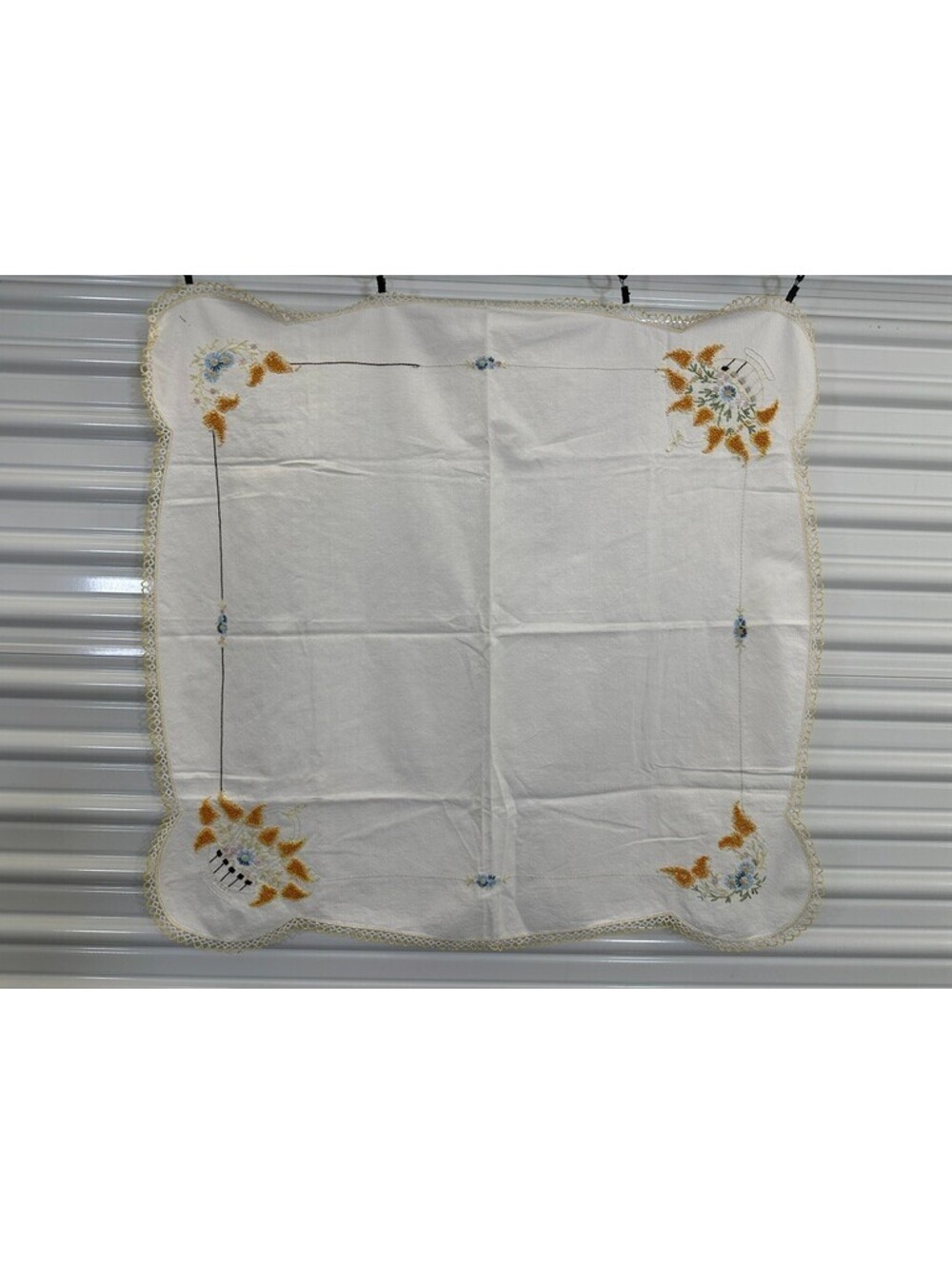 Hand Embroidered Vintage Floral Scalloped Edges Card Table Tablecloth Topper